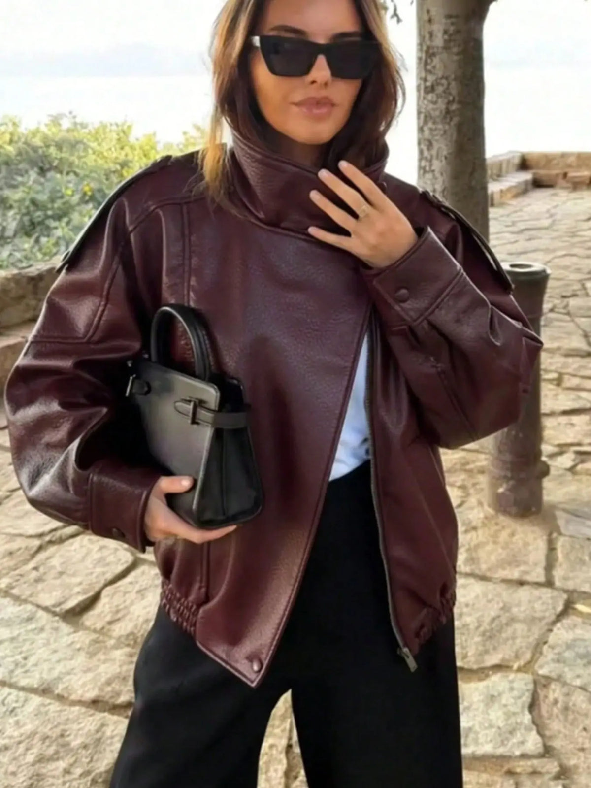 Women'S Fall & Winter Streetwear Casual Coats, Fashion Motorcycle Style Leather-Look Long Sleeve Jacket, Vintage Loose Fit, Stand Collar Asymmetrical Design, Multiple Colors Available