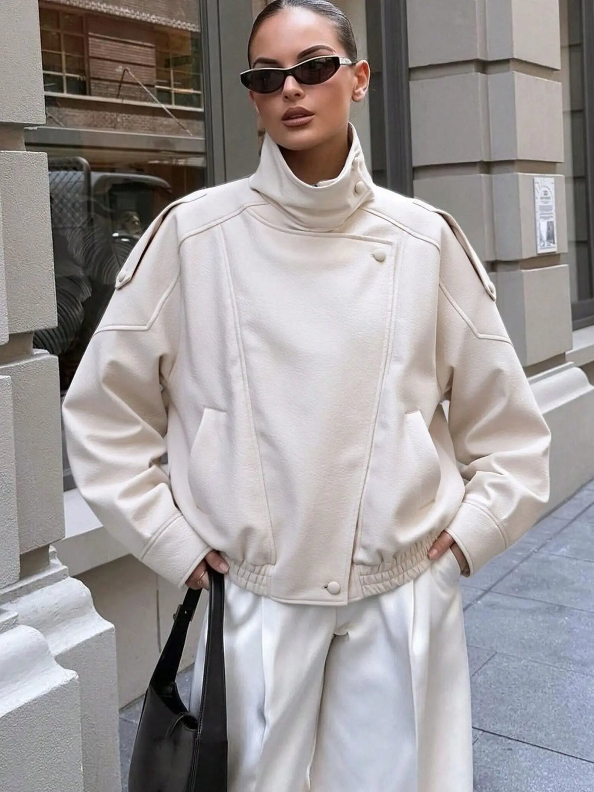 Women'S Fall & Winter Streetwear Casual Coats, Fashion Motorcycle Style Leather-Look Long Sleeve Jacket, Vintage Loose Fit, Stand Collar Asymmetrical Design, Multiple Colors Available