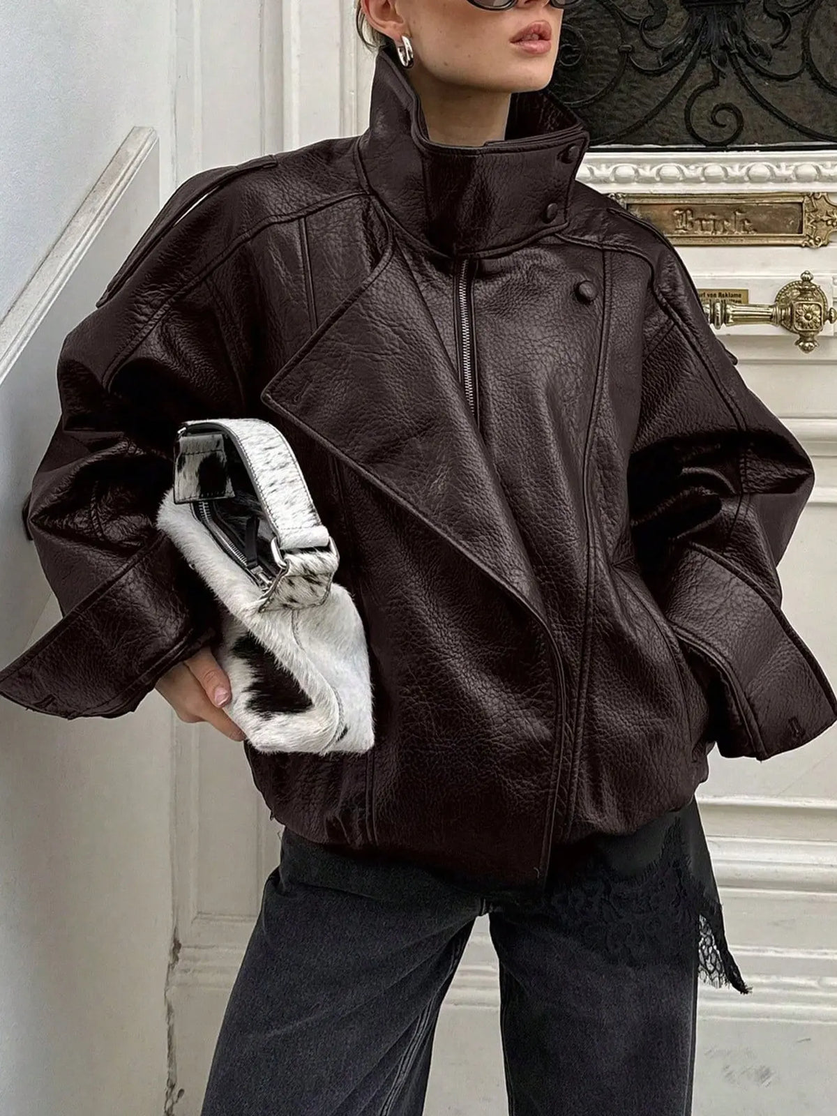 Women'S Fall & Winter Streetwear Casual Coats, Fashion Motorcycle Style Leather-Look Long Sleeve Jacket, Vintage Loose Fit, Stand Collar Asymmetrical Design, Multiple Colors Available