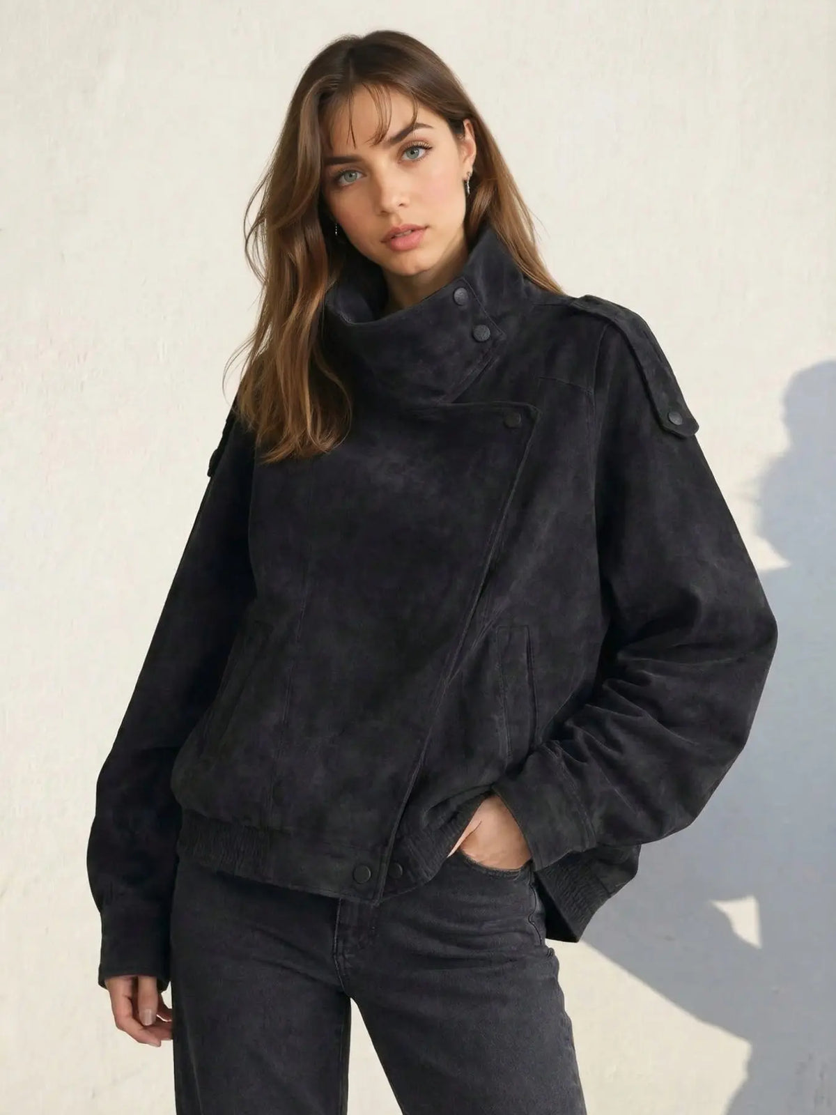 Women'S Fall & Winter Streetwear Casual Coats, Fashion Motorcycle Style Leather-Look Long Sleeve Jacket, Vintage Loose Fit, Stand Collar Asymmetrical Design, Multiple Colors Available
