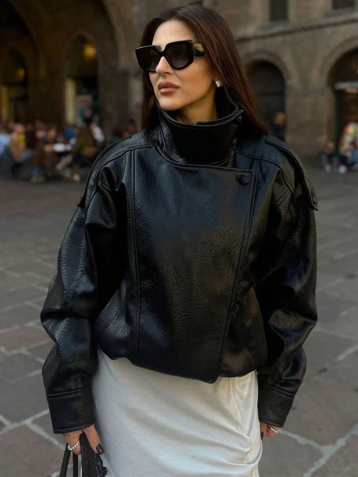 Women'S Fall & Winter Streetwear Casual Coats, Fashion Motorcycle Style Leather-Look Long Sleeve Jacket, Vintage Loose Fit, Stand Collar Asymmetrical Design, Multiple Colors Available