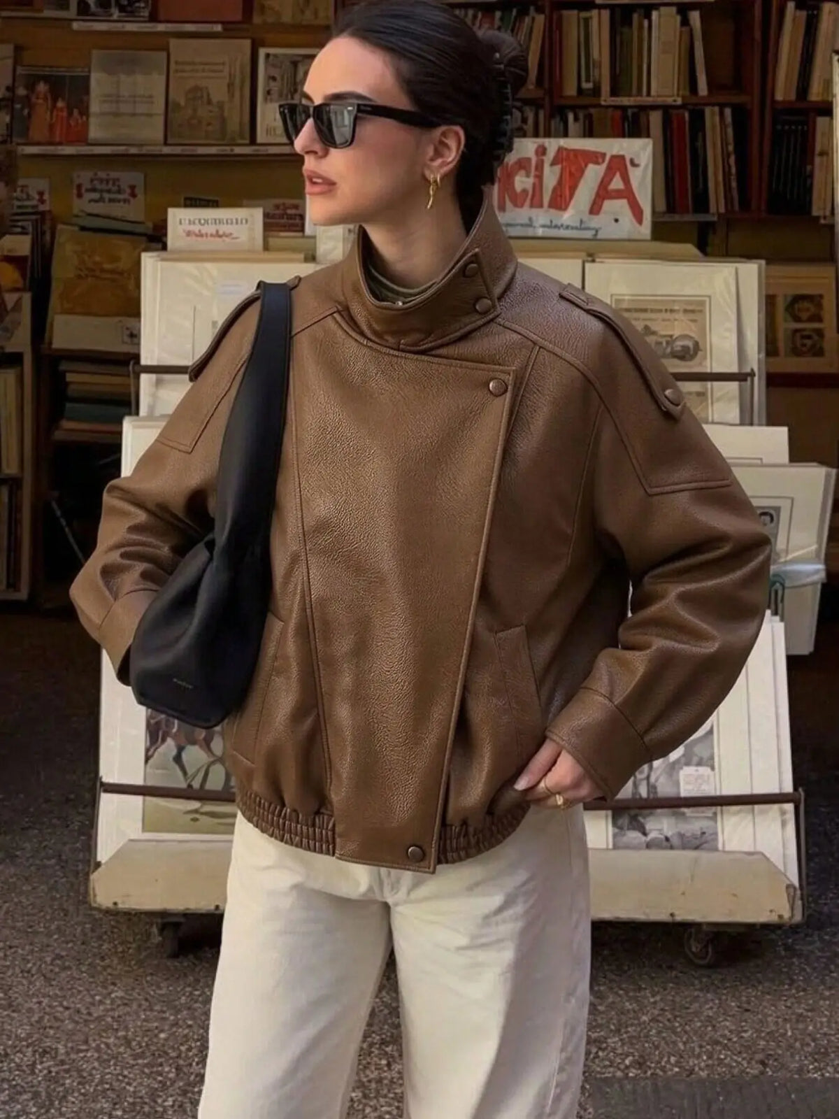 Women'S Fall & Winter Streetwear Casual Coats, Fashion Motorcycle Style Leather-Look Long Sleeve Jacket, Vintage Loose Fit, Stand Collar Asymmetrical Design, Multiple Colors Available