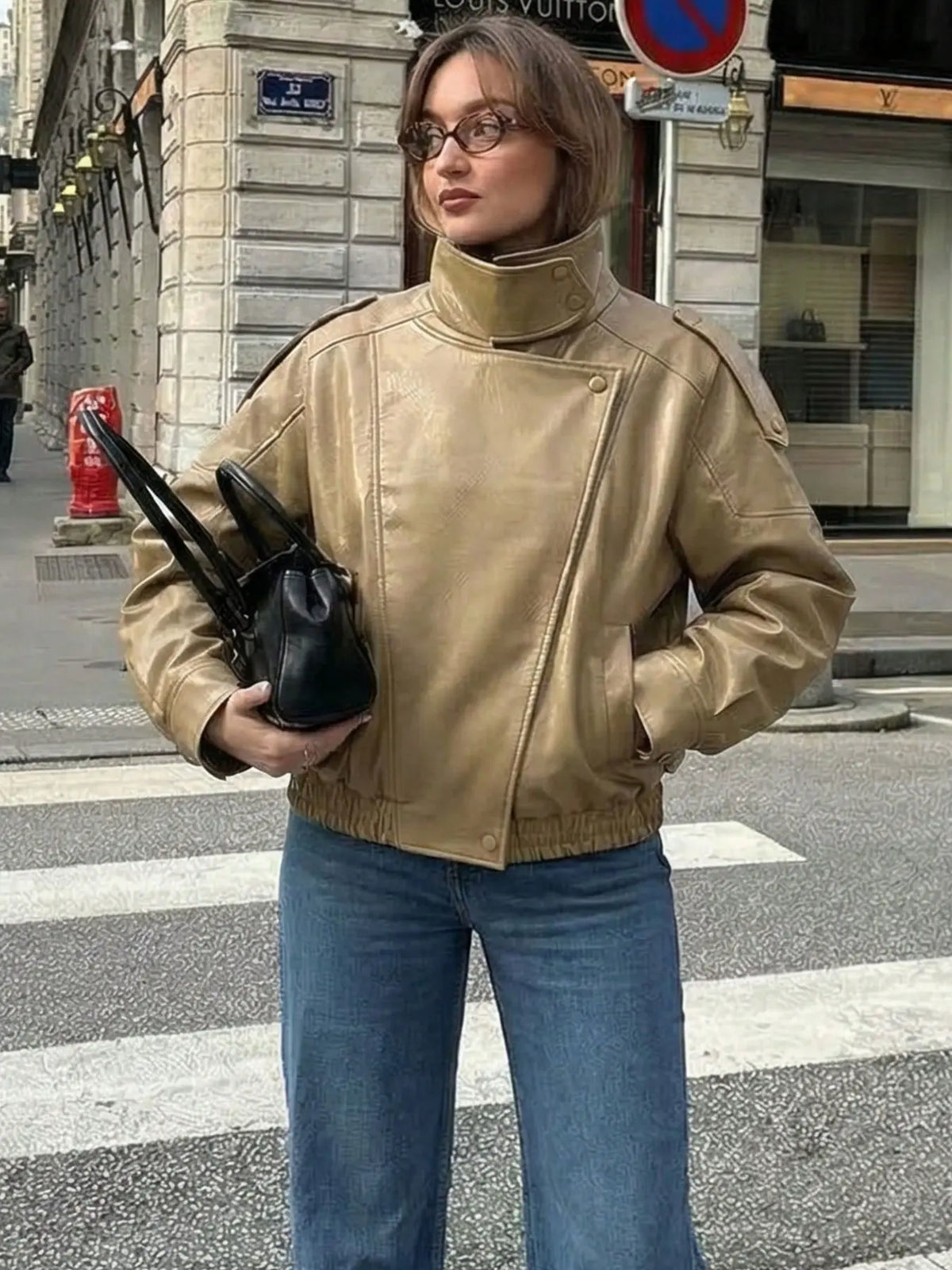 Women'S Fall & Winter Streetwear Casual Coats, Fashion Motorcycle Style Leather-Look Long Sleeve Jacket, Vintage Loose Fit, Stand Collar Asymmetrical Design, Multiple Colors Available